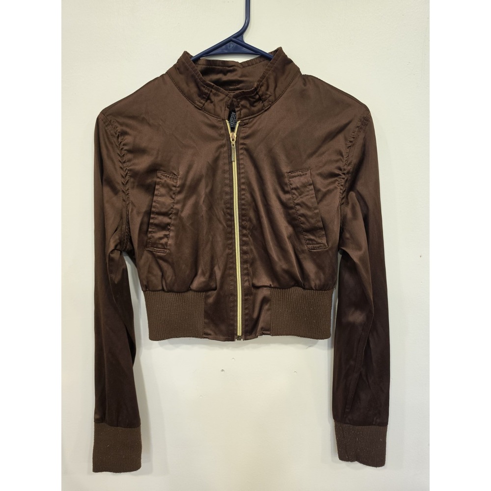 Y2K Wet Seal Womens L Brown Satin Cropped Bomber Jacket Moto Indie Sleaze Grunge